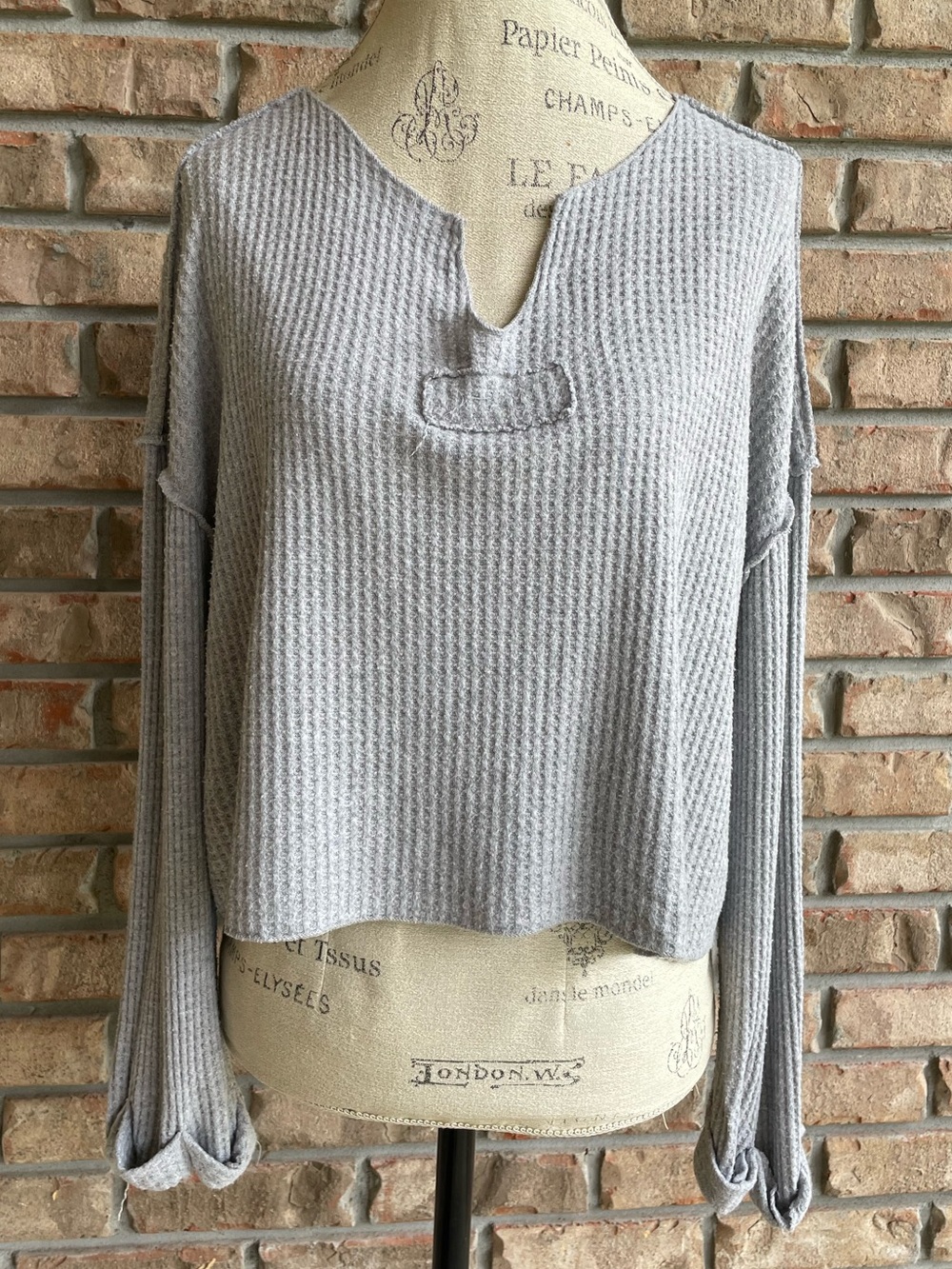 Altar'd State Light Gray Waffle Knit Notch-Neck Top